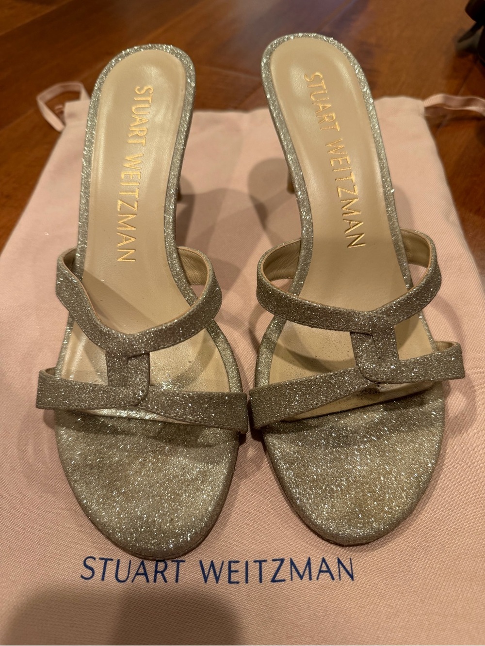 Stuart Weitzman Silver Glitter Strappy Slide Mules